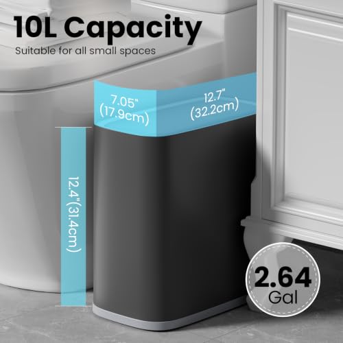 2.6 Gallon Small Slim Bathroom Trash Can with Lid, Dog Proof Garbage Can - color: Grey, size: 10L/2.6Gal
