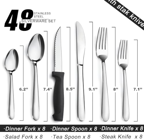 Pleafind 48-Piece Stainless Steel Silverware Set for 8 - Heavy Duty Flatware Set Including Steak Knives, Forks, Spoons and Dinner Knives, Mirror Polished Kitchen Utensils Set, Dishwasher Safe - size: 48 pieces