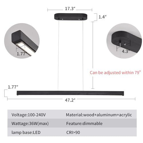 47" Black Linear Pendant Light Wooden Led Linear Pendant Light Fixtures Ceiling Hanging Dimmable Pendant Lights for Dining Room Kitchen Island Pool Table Lights Black Wood Finish - color: Black, size: 47in