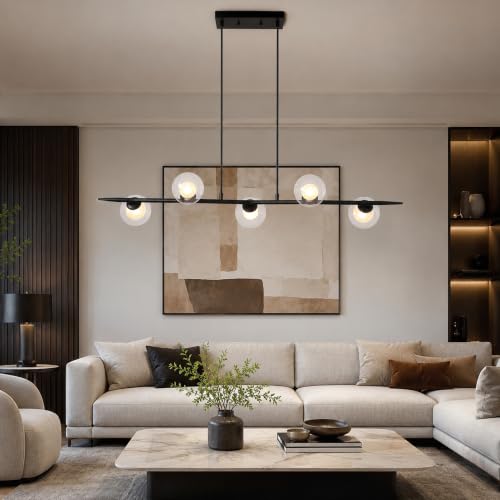 Siittoo 44.88In Modern Black Linear Chandelier with Clear Glass Globes - color: 44 in/Black/5-light(not included bulbs)