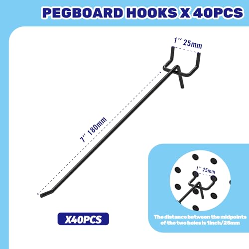 40Pcs 8" /200mm Stainless Steel Pegboard Display Hooks Bulk Set, Black Garage Organization Peg Wall Hook Metal Slatwall Panel Hook Fit 1/8 and 1/4 Inch Pegboard for Retail - color: Black, size: 8 inch/200mm