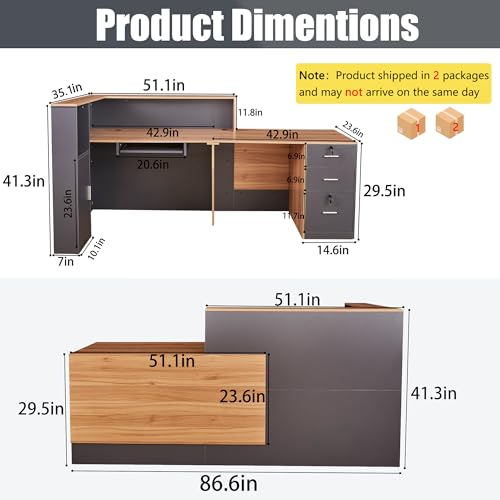 L Shaped Reception Desk with Lockable Drawers and Adjustable Filling Cabinet,Modern Front Desk Reception Counter with Keyboard Tray and Storage Cabinet for Checkout,Lobby,Beauty Salon - color: Right-l Natural Wood/Slate Gray, size: 86.6''L x 23.6''W x 41.