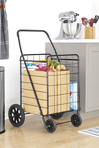 Whitmor Extra Large Utility Foldable Shopping Cart with Wheels, 100 Lb Capacity, Heavy Duty Grocery Cart with Steel Frame, Foam Handle, Rolling Collapsible Utility Trolley for Grocery, Laundry, Black - size: 17.4"L x 16.4"W x 40.12"H, Black