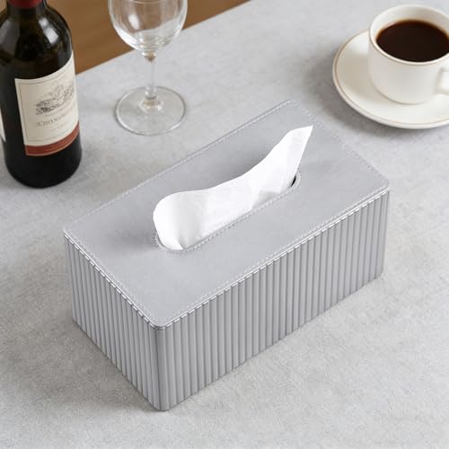 PU Leather Tissue Box Cover Rectangle (Silver, Inner Height 3.9") - color: Silver