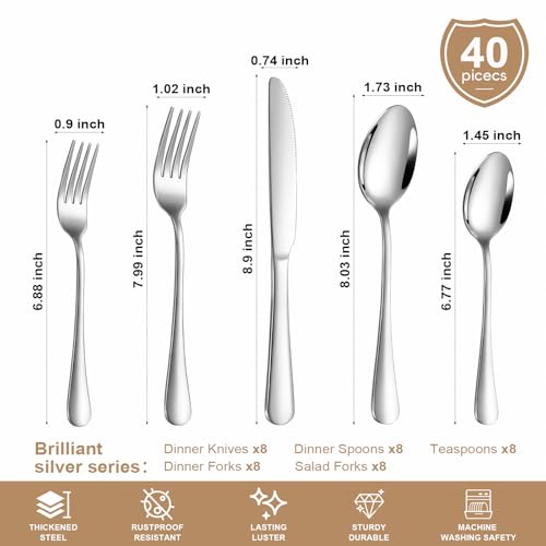 40-Piece Silverware Set for 8, Food Grade Stainless Steel Flatware Set, Mirror Polished Cutlery Utensil Set with Forks, Knives and Spoons, Dishwasher Safe for Home, Restaurant, Wedding and Party Use - size: 40-Piece