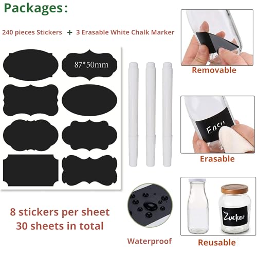 Chalkboard Label 240 Pcs Waterproof Reusable Labels for Food Containers Chalk Sticker Labels with 3 Liquid Chalk Markers for Mason Jars, Parties Decoration, Craft Rooms, Storage, Home, Kitchen - color: 240pcs With 3 Markers Black