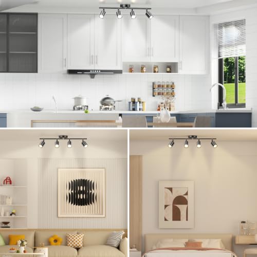 LED 4 Light Track Lighting Kit, 23.6" Black 4 Way Ceiling Spotlights Fixture, 3 CCT Adjustable, with Flexibly Rotatable Light Heads for Kitchen, Living Room, Bedroom, Includes 4 x GU10 Bulb - color: Black, size: 4