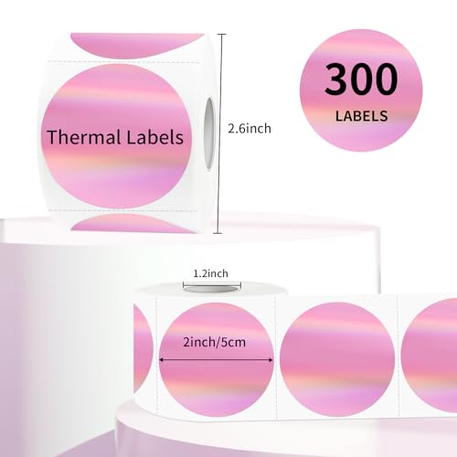 2" Circle Holographic Thermal Label Stickers Pink, Round Printable Rainbow Thermal Sticker for Gift Wrapping, Self-Adhesive/Perforation Line Design - color: Holographic Pink-1, size: 2 inch
