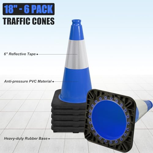 6 Pack 18" Inch Blue PVC Traffic Cones with Heavy-Duty Base, High-Visibility All-Weather Safety Cones for Road Construction, Parking Lot, and Garage Use (6, Blue, 18" Medium) - color: Blue, size: 18" Medium