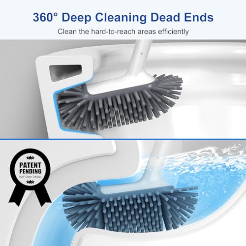 HAMITOR Toilet Bowl Brush Holder Set: 2Pack Deep Cleaning Silicone Toilet Scrubber Under Rim with Curved Bristle for Bathroom Dead Corner Clean - Modern Rv Decorative Accessories - color: White, size: 2Pack