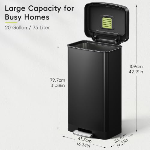 EKO Hudson Matte Stainless Steel 75 Liter/20 Gallon Large Kitchen Trash Can, Tall Step Garbage Can with Rear Bag Storage Compartment (Matte Black) - color: Matte Black, size: 75L