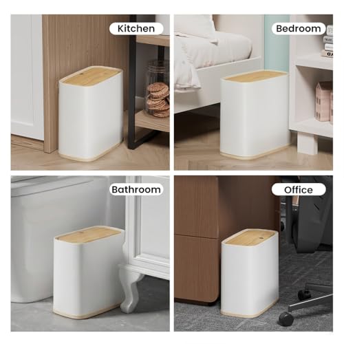 Bathroom Trash Can, 2.1 Gal Small Slim, Plastic White, Faux Wood Grain Lid - color: White and Wood Grain, size: 8L/2.1Gal