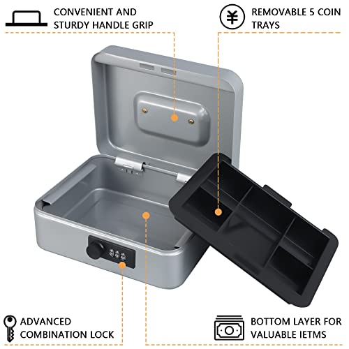 KYODOLED Cash Box with Combination Lock,Safe Metal Box for Money,Storage Lock Box with Money Tray,7.87"x 6.30"x 3.54" Lightgrey Medium - color: Lightgrey (Pack of 1), size: Medium