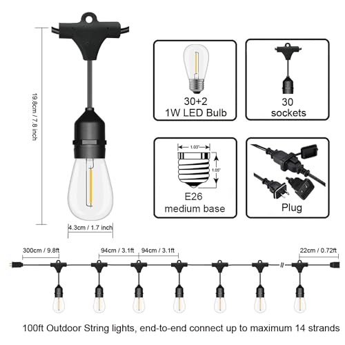 SUFEIMAS Outdoor String Lights Waterproof 100FT Commercial for Patio Market - color: Black, size: 100FT S14
