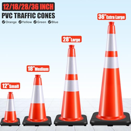 6 Pack 18" Inch Orange PVC Traffic Cones with Heavy-Duty Base, High-Visibility All-Weather Safety Cones for Road Construction, Parking Lot, and Garage Use (6, Orange, 18" Medium) - color: Orange, size: 18" Medium