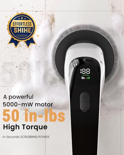 Electric Spin Scrubber, 50 in-lbs High Torque Shower Scrubber & Retractable Long Handle, 10-in-1 Variable Speed Cordless Cleaning Brush for Bathroom, Bathtub, Toilet, Kitchen, Tile Floors & Car - color: White