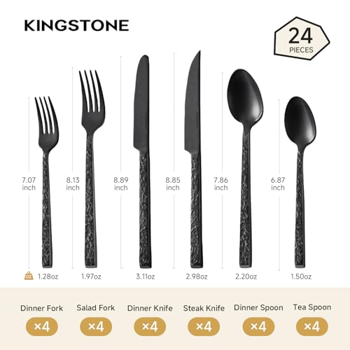 24 Pcs Black Hammered Silverware Set with Steak Knives for 4, 18/10 Steel - color: Black, size: 24-Piece