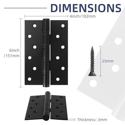 6 Pack Ball Bearing Door Hinges with Square Corners, 6 x 4 Inch Heavy Duty Stainless Steel Hinges with Screws for Exterior & Interior Doors, Matte Black - color: Matte Black, size: 6.0 inch X 4.0 inch