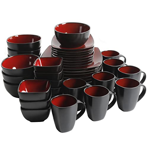 Gibson Elite Soho Lounge Square Reactive Glaze Stoneware Dinnerware Set, Service for 8 (40pc), Red/Black - color: Red/Black (Soho Lounge), size: Service for 8 (40pcs)