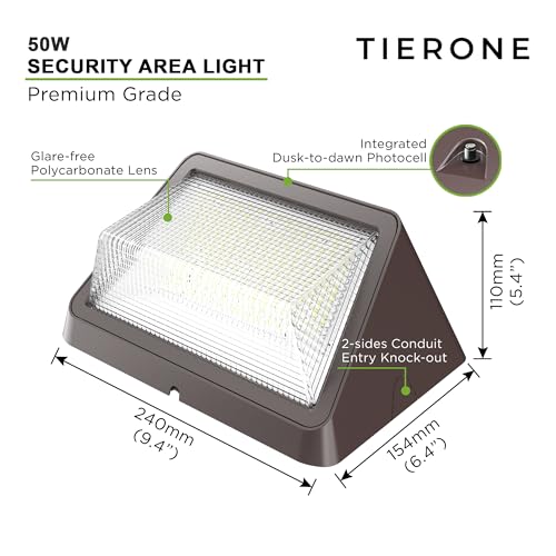 TIERONE 50W LED Wall Pack Light Dusk to Dawn Photocell Outdoor Commercial Security Area Lighting Fixture UL Listed 5500LM 4000K Daylight 400W HPS/HID Equivalent IP65 Waterproof 120-277V 2PACK - color: Bronze-2PK