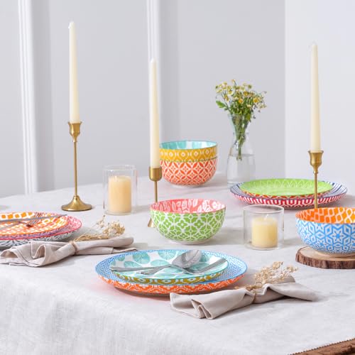 Selamica Ceramic Plates and Bowls Sets,24 Pieces Dinnerware Sets for 8,Scratch Resistant Dish Set for family gathering,Dishwasher & Microwave Safe, Assorted Colors - color: Assorted Colors, size: Service for 8 (24 Pcs)