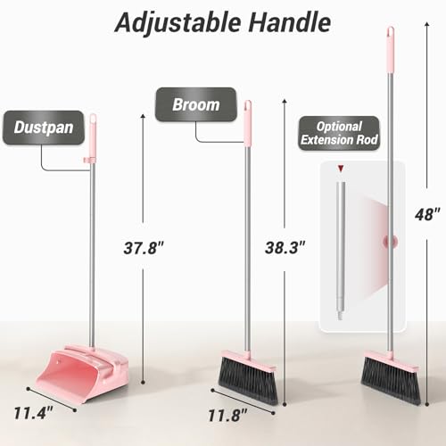 Broom with Dustpan Set for Pet Hair & Dust Cleanup, Pink - color: Pink