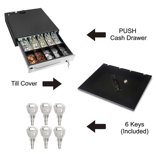 HK SYSTEMS 16""Stainless Steel" Front Heavy Duty Black POS Cash Drawer with 5Bill/5Coin and Till Cover - size: 04.16" POS+Till Cover
