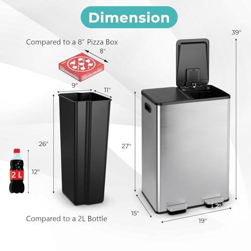 Goplus Dual Trash Can, 16 Gallon/ (2x30L) Double Trash and Recycling Bin Combo for Kitchen, Stainless Steel Garbage Can with 2 Removable Inner Buckets, Soft Closure & Step-on Pedal - color: Silver, size: 16 Gallon