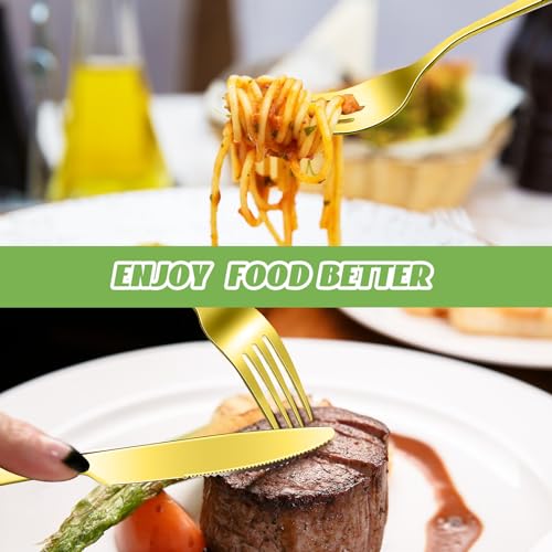 Nuenen 100 Pcs Gold Forks and Knives Stainless Steel Dinner Flatware Set - color: Gold, size: 8.4 Inches, 7.1 Inches