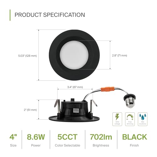 ASD Black 4 Inch Retrofit LED Recessed Light - 9W 2700K-5000K 700LM Retrofit LED Recessed Lighting 4 Inch, Dimmable Black Recessed Lights, Wet Rated Baffle Trim Can Lights, UL - color: Black Baffle, size: 1 Pack