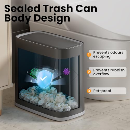 Small Bathroom Trash Can with Lid and Wheels, 8L / 2.1 Gal, Plastic, Gray - color: Grey, size: 8L/2.1Gal