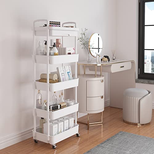 Calmootey 5-Tier Utility Cart with Drawer & Wheels, Storage for Home,Office - color: White, size: 5-Tier