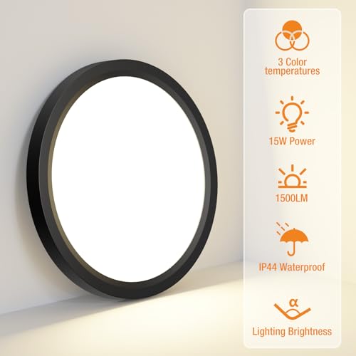 2PACK LED Flush Mount Ceiling Light Fixture, 3000K-4000K-6500K & 100W Equivalent Modern Kitchen Ceiling Lamp 15W 1500Lm 7.5 Inch Closet Round Surface for Bathroom Laundry Bedroom Hallway, Black - color: Black, size: 7.5Inch-2Pack