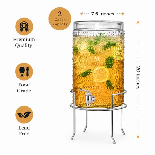 2 Gallon Glass Drink Dispenser, hobnail Drink Dispensers for Parties, Beverage Dispenser with Stand and Glass Lid, 100% Leakproof Spigot, Ideal for Lemonade, Juice, - color: Hobnail Clear-2 Gallon