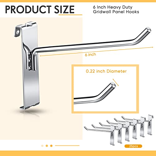 LEIFIDE 25 Pcs Gridwall Panel Display Hooks - Silver Stainless Steel Peg Hooks for Grid Wall Retail Shop Display Trade Show Home Office Garage Storage, 6 Inch