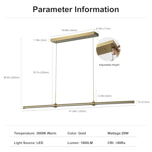 EDISLIVE Modern Linear LED Island Light Dimmable LED Chandelier 47.24 in Adjustable Linear Hanging Light Fixture 3000K 20W Pendant Light for Dinning Room Kitchen,Gold - color: Gold-Linear, size: 47.24IN