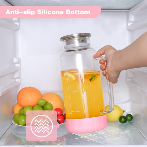 Aofmee 68oz Glass Pitcher with Lid and Handle for Fridge, Pink Silicone - color: Pink Silicone