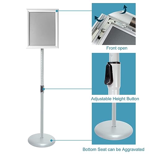 Adjustable Pedestal Poster Sign Stand with Heavy Duty Base Sign Holder Aluminum Snap Open Frame for 8.5 x 11 inches Both Vertical and Horizontal View Displayed Used for Living and Business(Silver)
