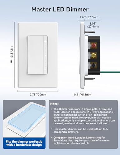ELEGRP LEDPro™ Multi-Location Dimmer, EDM25BM Master Dimmer Light Switch for LED, Single Pole/3 Way/4 Way, 1 Pack, White - color: White