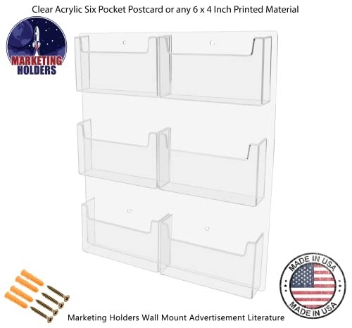 Marketing Holders Postcard Holder Greeting Cards Wall Rack with Hanging Hardware 6 Pocket Bin Holds 6" x 4" Printed Material Plastic Clear Memos and Messages Display for Cruise and Airports - size: 6 Pocket Vertical