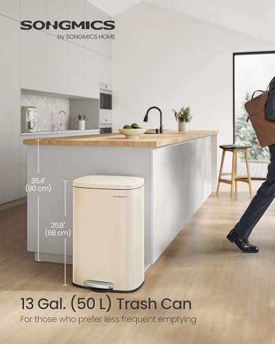 SONGMICS 13 Gallon (50 L) Trash Can, Stainless Steel, Step-On Pedal - color: Sand Beige, size: 13 Gal.