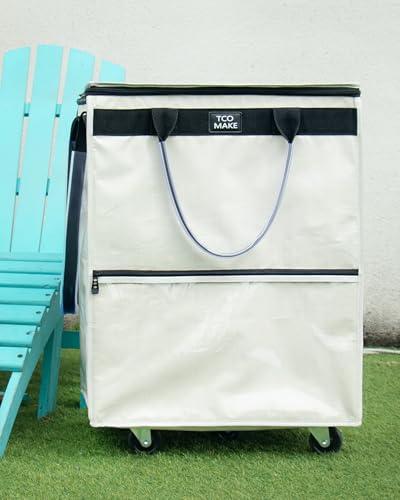 Large Beige Reusable Grocery Bag on Wheels, Folding Rolling Tote - color: Beige, size: Large