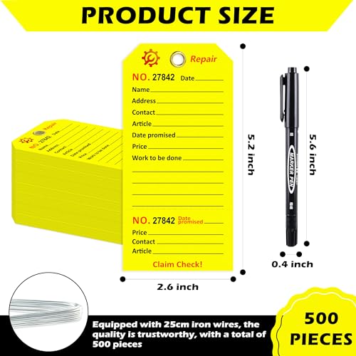 500 Pcs Repair Tags with Hole and Wire Maintenance Service Tags 2.6 x 5.25 Inch Numbered for Machinery & Office Service Tickets Equipment Maintenance Price Notice with Stub Yellow (500)