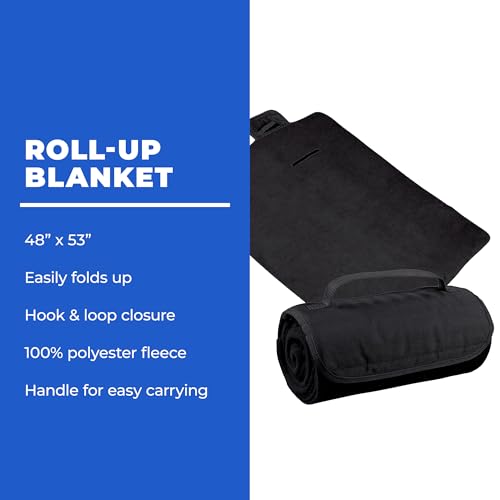25 Ct of Roll-Up Blankets for Camping, Travel, Outdoors, Beach, Picnics – Black – Hook + Loop Closure for Easy Use in Cars & on Airplanes – Customizable for Promotions & Events - color: Black