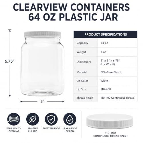 6 Pack - 64 oz (Half Gallon) Plastic Storage Jars with 110-400 Leak Proof White Lid, Food Grade, BPA Free, Hand Wash Only (64oz, 6pk) - size: 6pk - 64oz, White