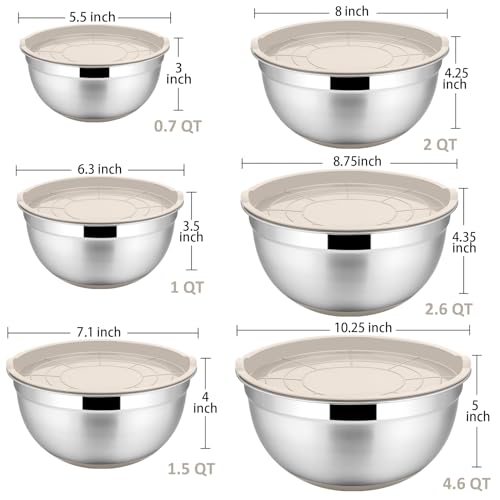 P&P CHEF Stainless Steel Mixing Bowls With Lids, Set of 6, Khaki - color: Khaki
