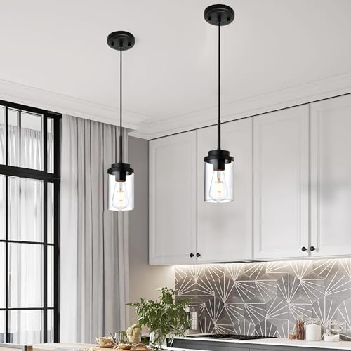 MELUCEE 2 Pack Pendant Lights for Kitchen Island Black with Clear Glass - color: Black, size: 1 Light-2 Packs Round