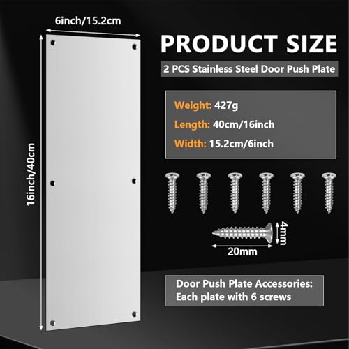 2Pcs Push Door Plate 16x6 Stainless Steel Door Push Plate Door Kick Plate,Brushed Doorplate Door Proection Metal Plate with 12 Screws for Door Interior Exterior Scratch Resistant Accessories