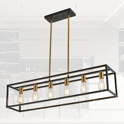 Rectangle Chandeliers Kitchen Light Fixtures Farmhouse Dining Room Light for Dining Rooms,Black&Brushed Brass Light Fixture Matte 6-Light Industrial Pendant Lighting - color: Black&Brass, size: 6 Lights