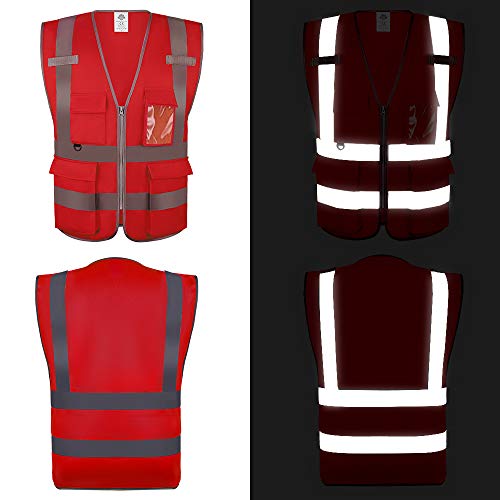 Dazonity High Visibility Safety Vest with Multi Pockets and Zipper, 2XL,Reflective Strips, Fit for Men & Women, Work, Construction,Cycling, Runnning, Surveyor, Volunteer (Red-2XL) - color: Red-2xl